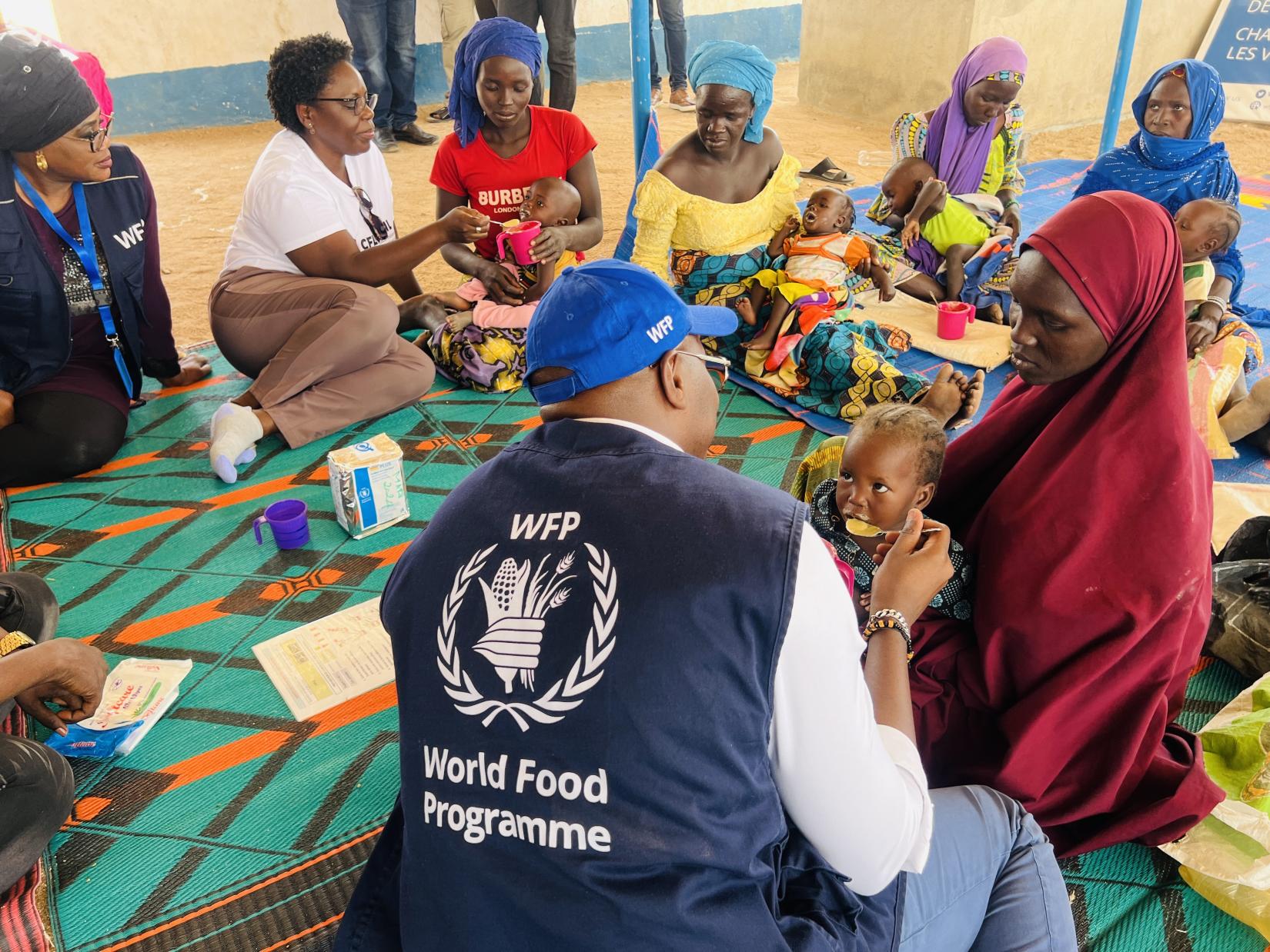 : The High Commissioner for Canada in Cameroon, Deputy Country Director Mr. Aboubacar Guindo, and Dr. Gnagna Ndiaye, head of the WFP sub-office in Maroua, visited WFP nutrition activities in Dimeo, Far North Region