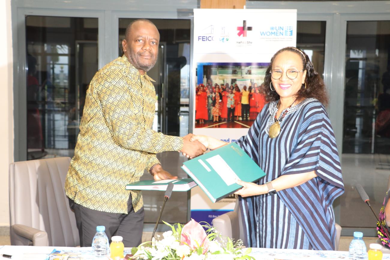 FEICOM headquarters in Yaoundé on July 26, 2024, for the renewal of the protocol between UN Women Cameroon and FEICOM between Ms. Marie Pierre RAKY CHAUPIN and Mr. Philippe AKOA