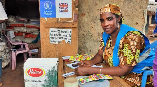 Houreiratou Bello, 39, seated outside her shop in Borgop refugee camp of Adamawa region     